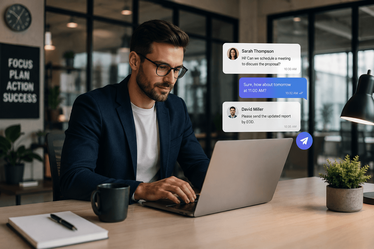 Businessman freelancer enters office workplace, working on laptop computer, sends online messages